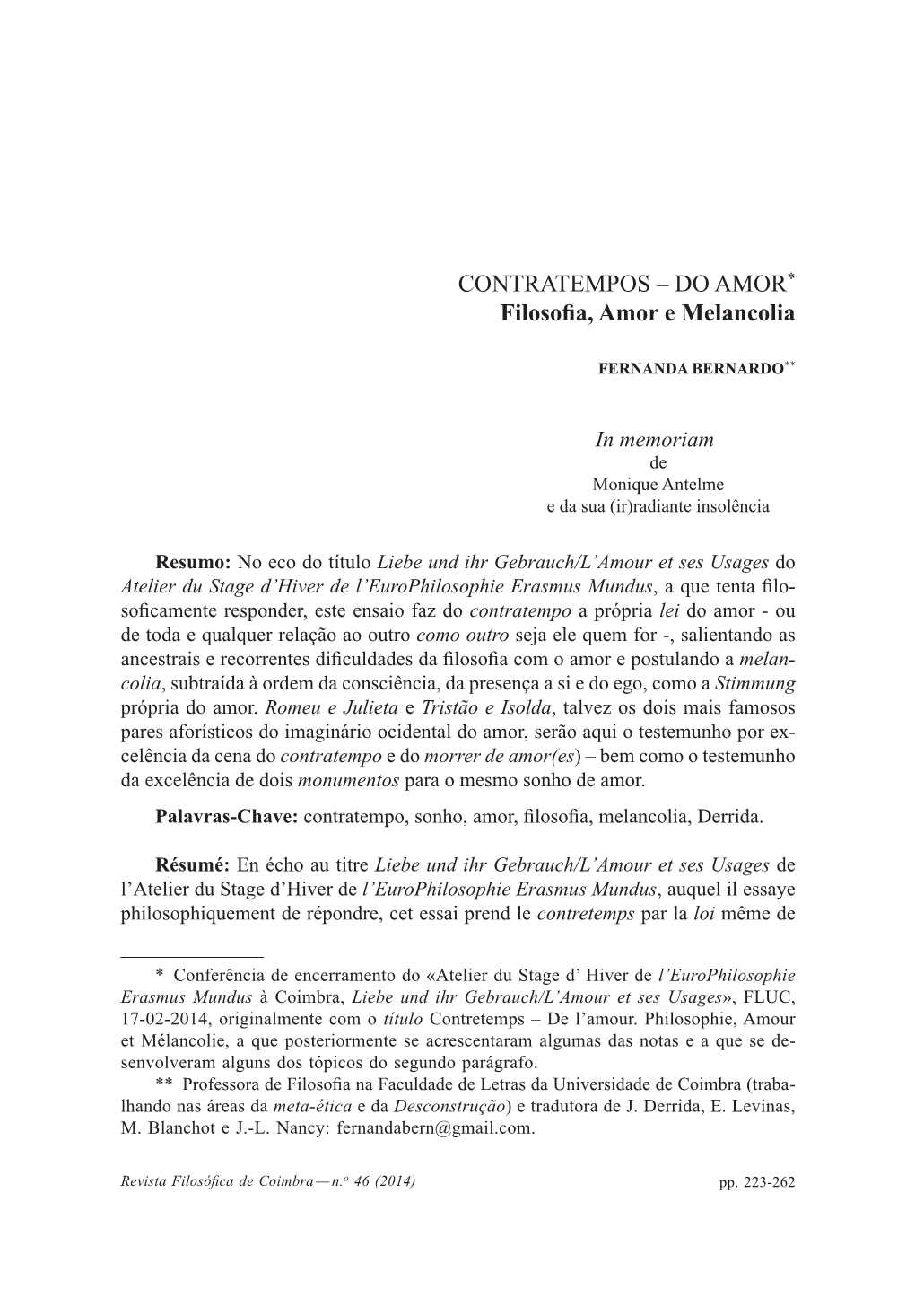 CONTRATEMPOS – DO AMOR* Filosofia, Amor E Melancolia