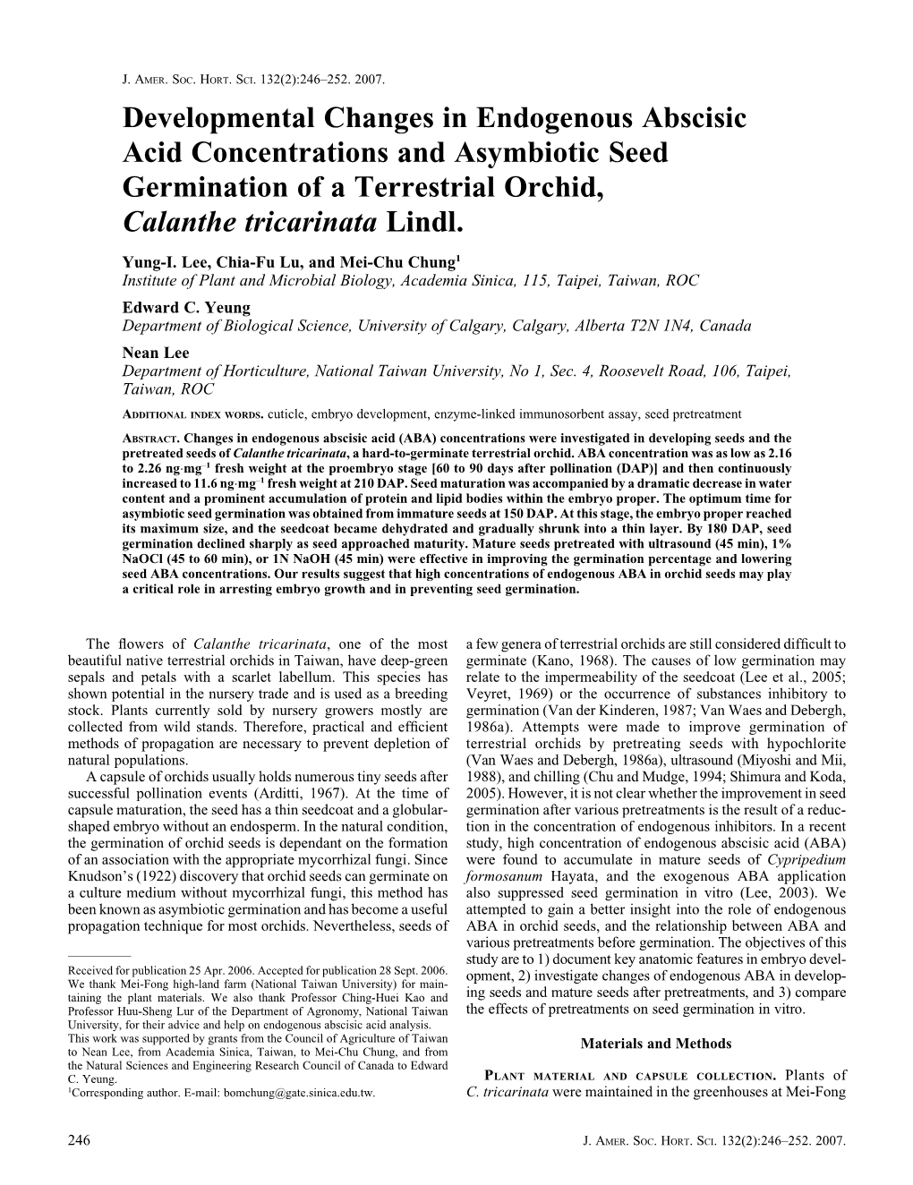 Developmental Changes in Endogenous Abscisic Acid Concentrations and Asymbiotic Seed Germination of a Terrestrial Orchid, Calanthe Tricarinata Lindl