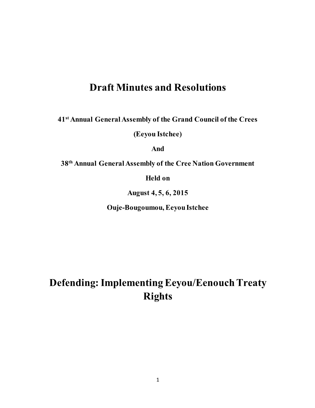 Draft Minutes and Resolutions Defending: Implementing Eeyou