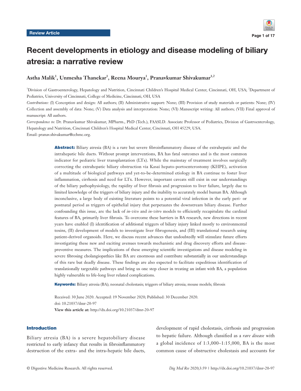 Recent Developments in Etiology and Disease Modeling of Biliary Atresia: a Narrative Review