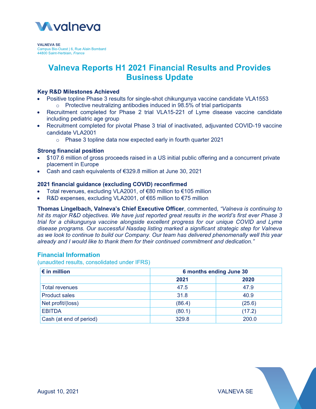 Valneva Reports H1 2021 Financial Results and Provides Business Update