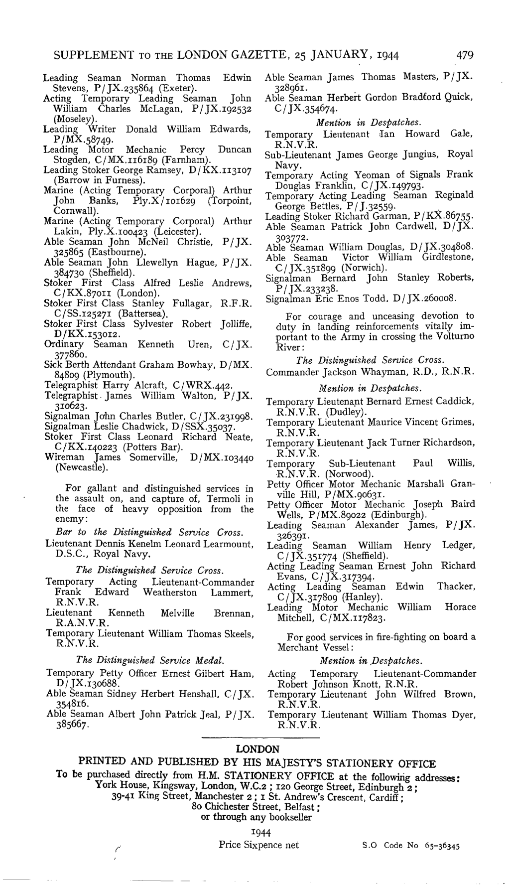 Supplement to the London Gazette, 25 January, 1944 479