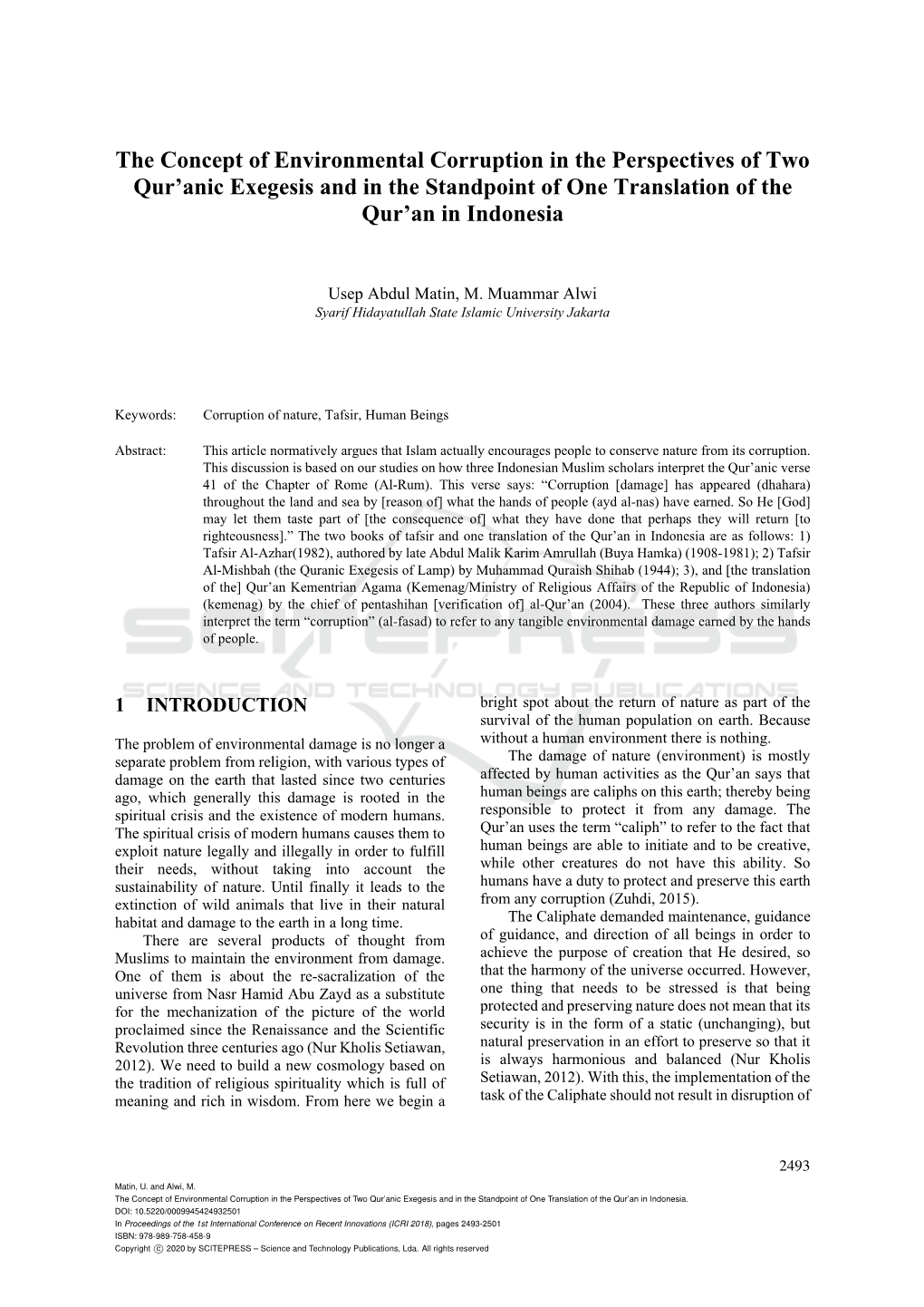 The Concept of Environmental Corruption in the Perspectives of Two Qur’Anic Exegesis and in the Standpoint of One Translation of the Qur’An in Indonesia