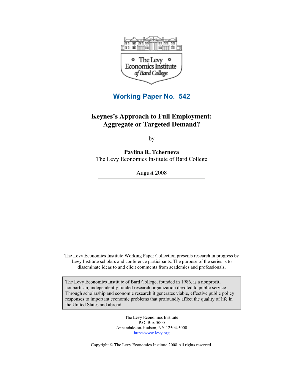 Working Paper No. 542 Keynes's Approach to Full Employment