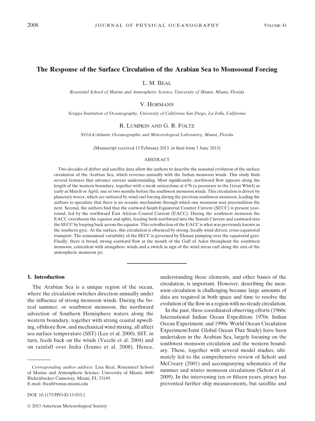 The Response of the Surface Circulation of the Arabian Sea to Monsoonal Forcing