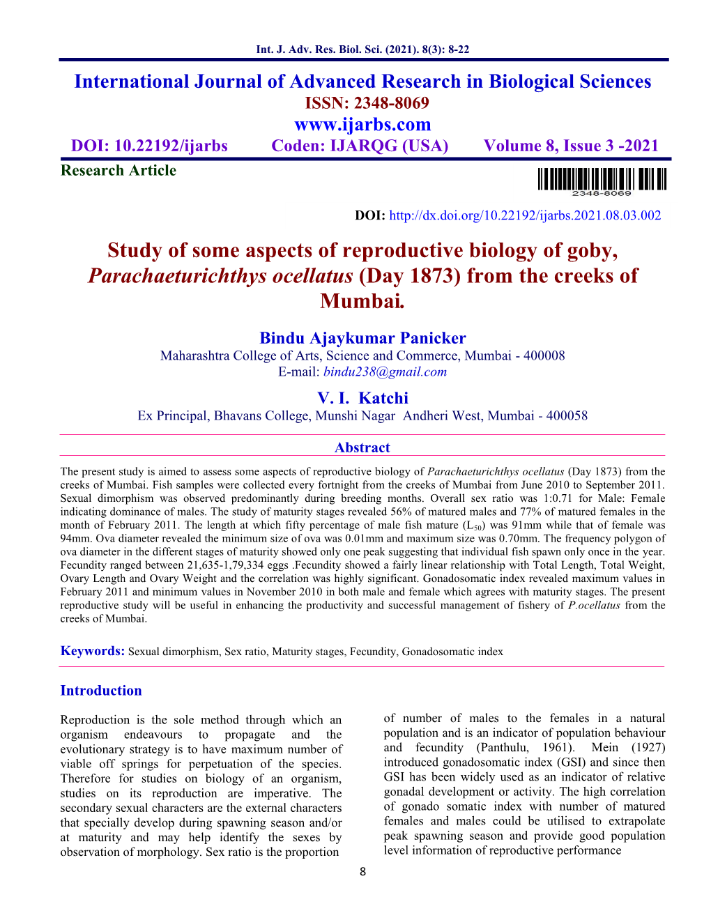 Study of Some Aspects of Reproductive Biology of Goby, Parachaeturichthys Ocellatus (Day 1873) from the Creeks of Mumbai