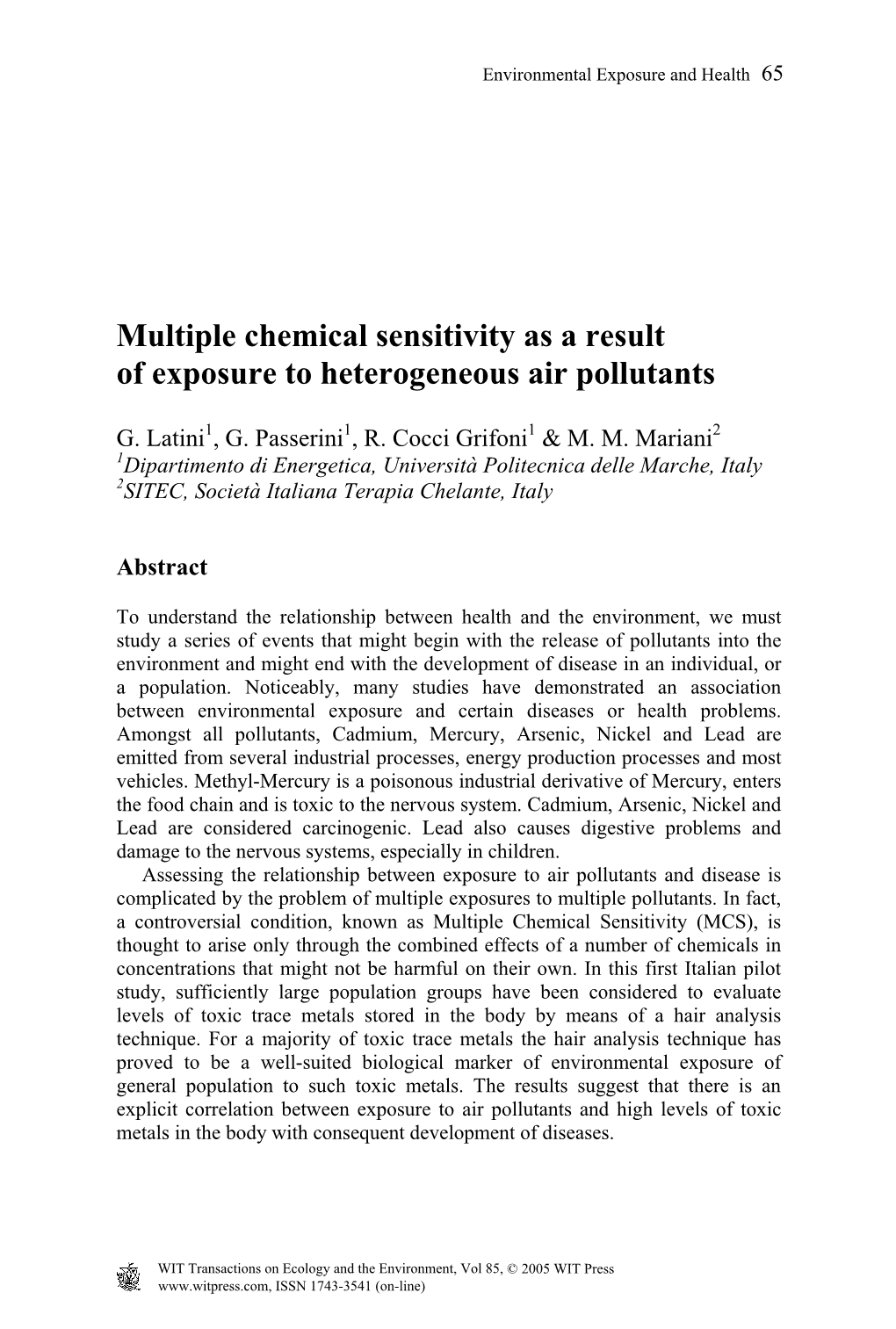 Multiple Chemical Sensitivity As a Result of Exposure to Heterogeneous Air Pollutants