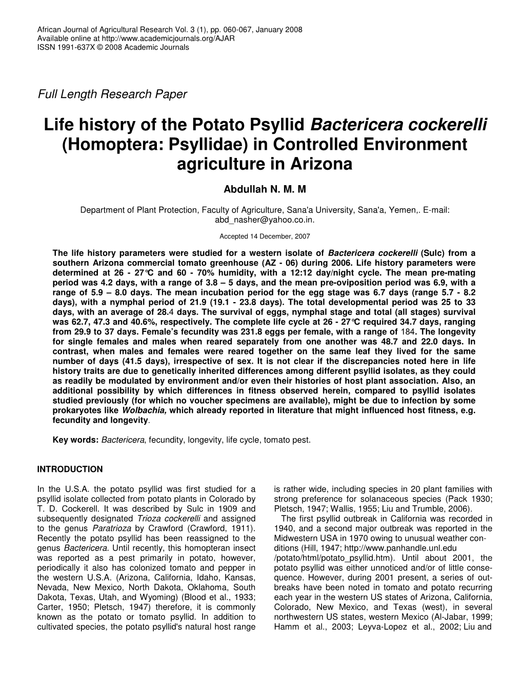 Life History of the Potato Psyllid Bactericera Cockerelli (Homoptera: Psyllidae) in Controlled Environment Agriculture in Arizona