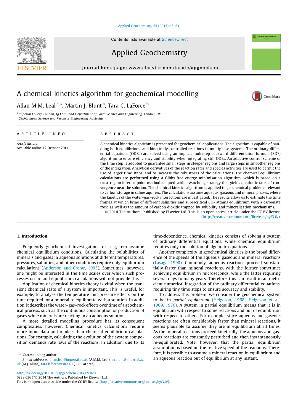 A Chemical Kinetics Algorithm for Geochemical Modelling ⇑ Allan M.M