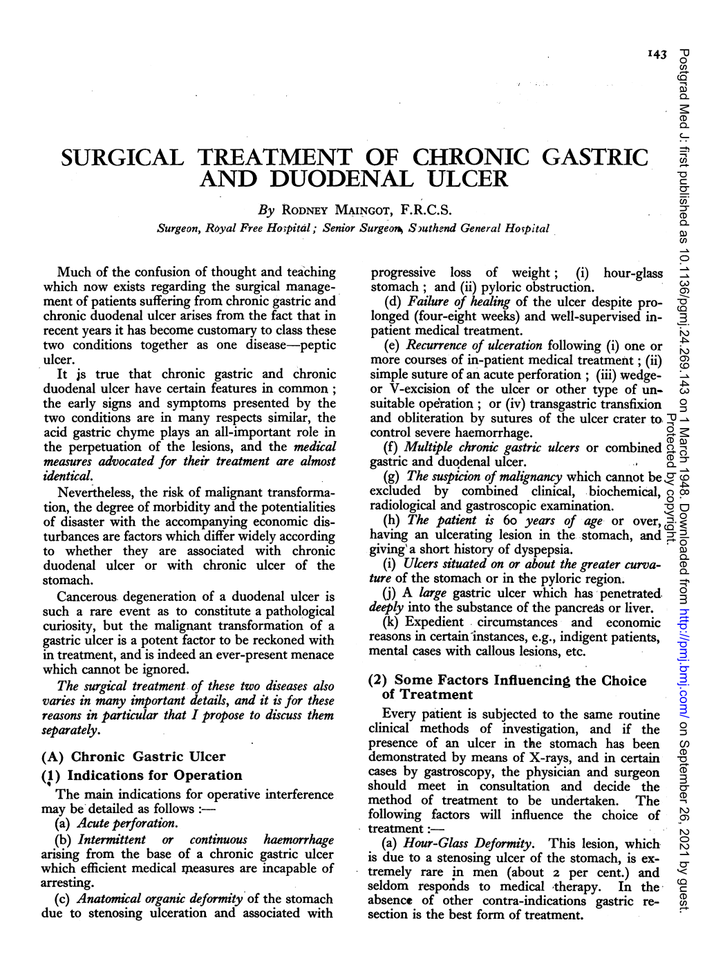 SURGICAL TREATMENT of CHRONIC GASTRIC and DUODENAL ULCER by RODNEY MAINGOT, F.R.C.S