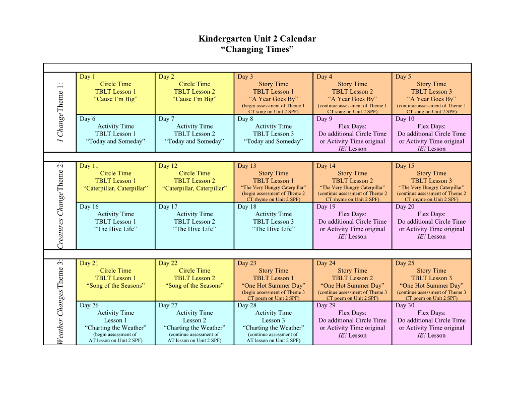 Kindergarten Unit 2 Calendar