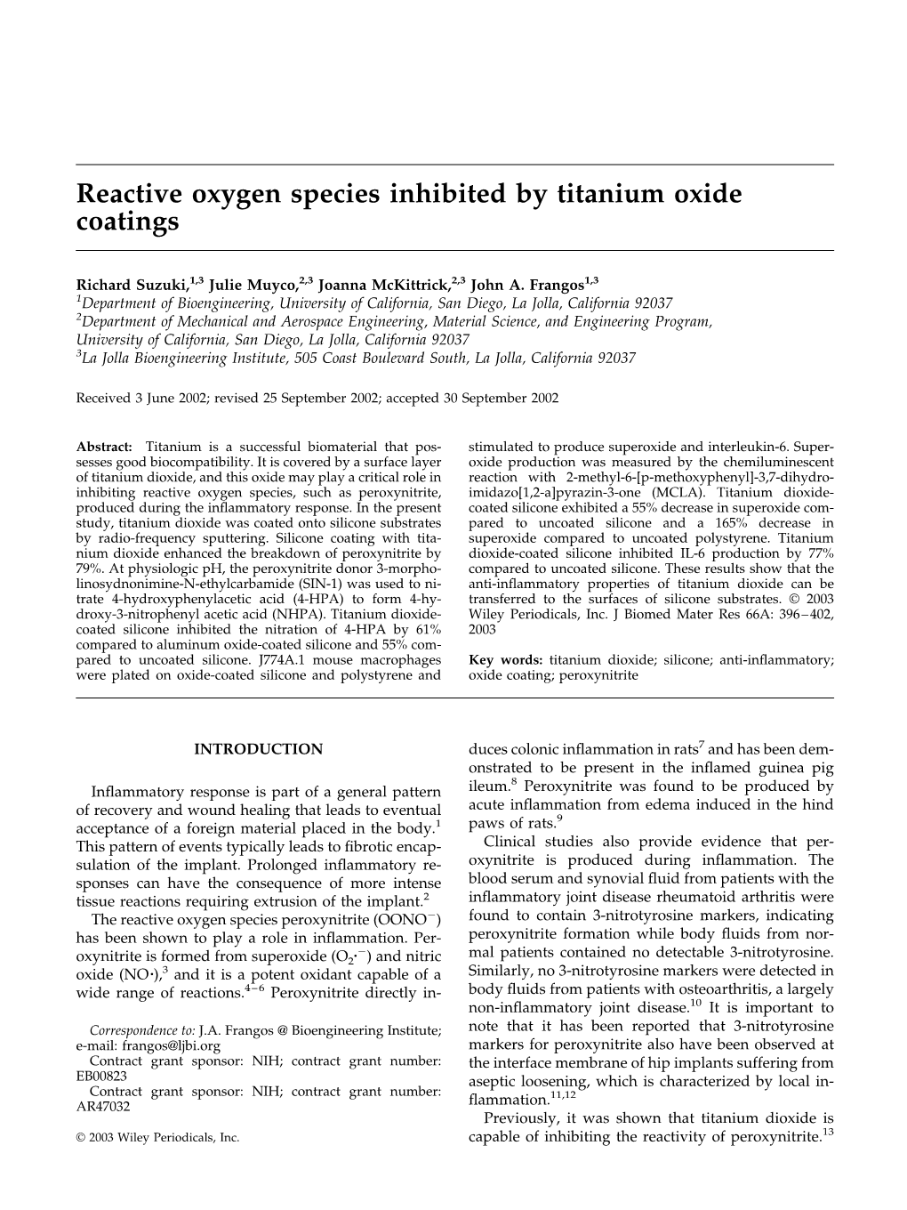 Reactive Oxygen Species Inhibited by Titanium Oxide Coatings