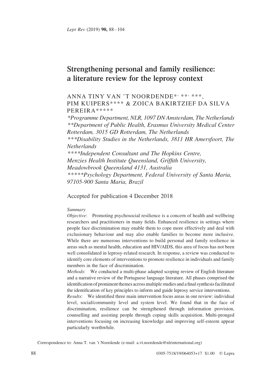 Strengthening Personal and Family Resilience: a Literature Review for the Leprosy Context