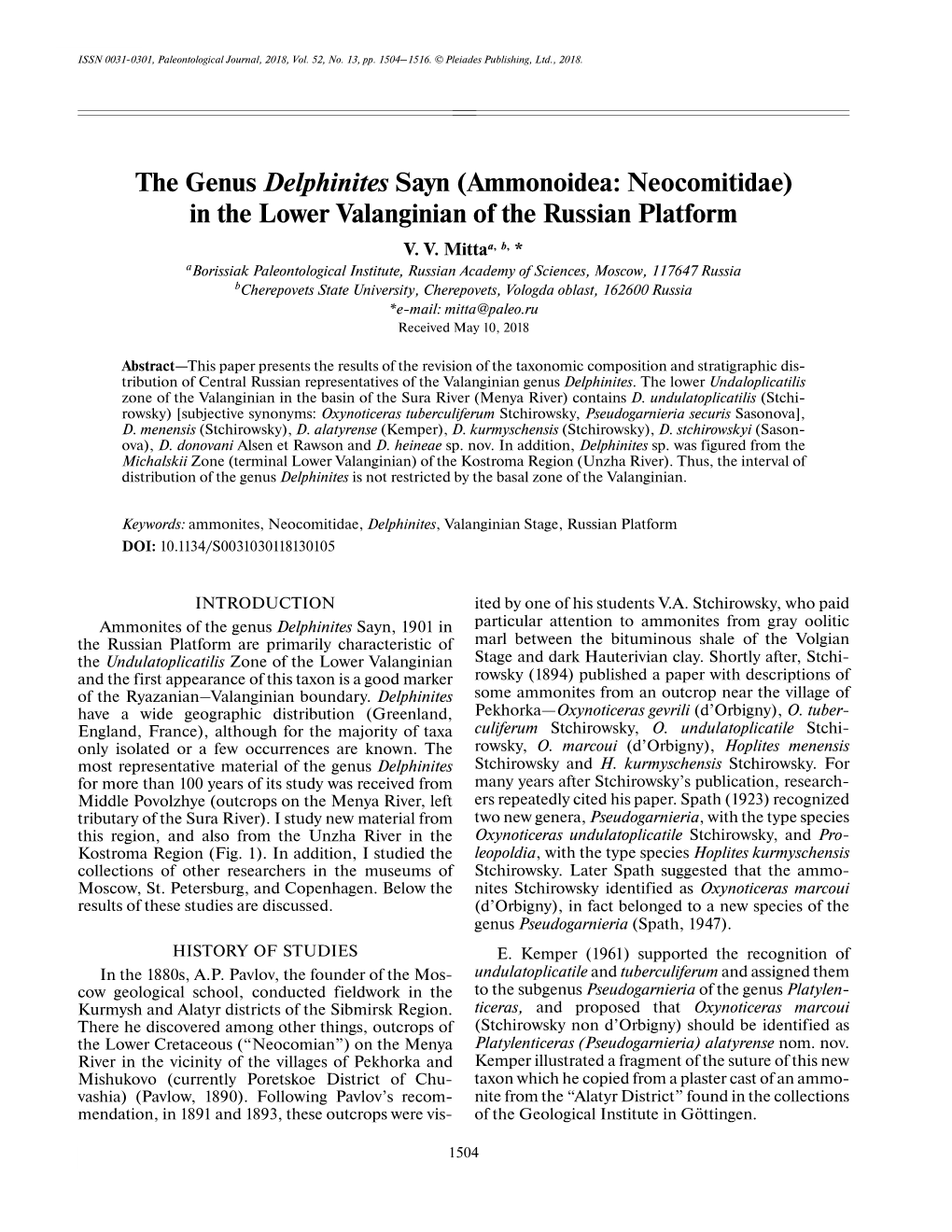 The Genus Delphinites Sayn (Ammonoidea: Neocomitidae) in the Lower Valanginian of the Russian Platform V