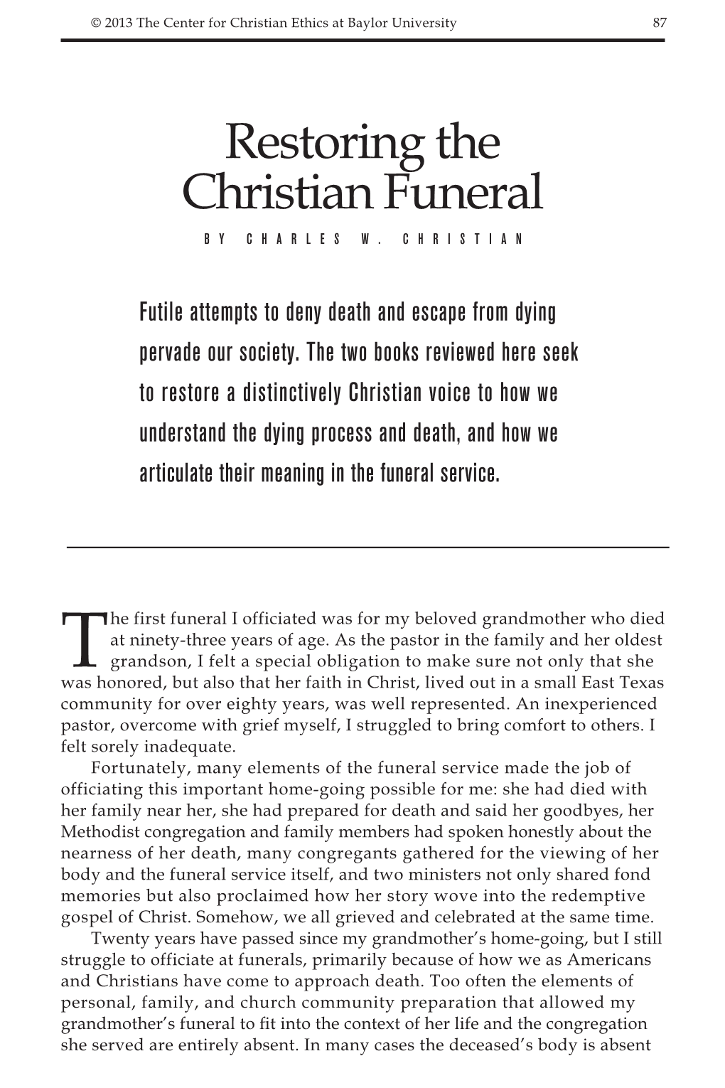 Restoring the Christian Funeral by Charles W