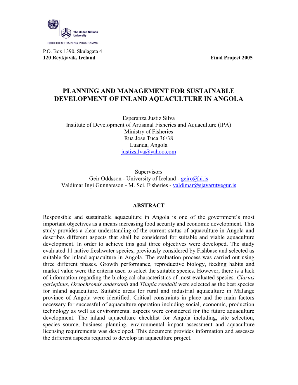 Planning and Management for Sustainable Development of Inland Aquaculture in Angola