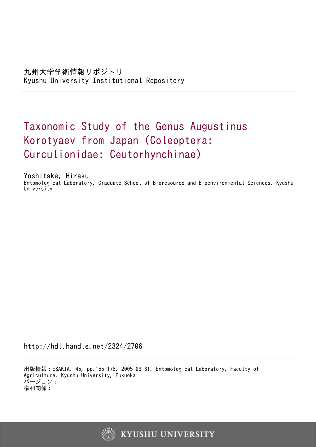 Taxonomic Study of the Genus Augustinus Korotyaev from Japan (Coleoptera: Curculionidae: Ceutorhynchinae)