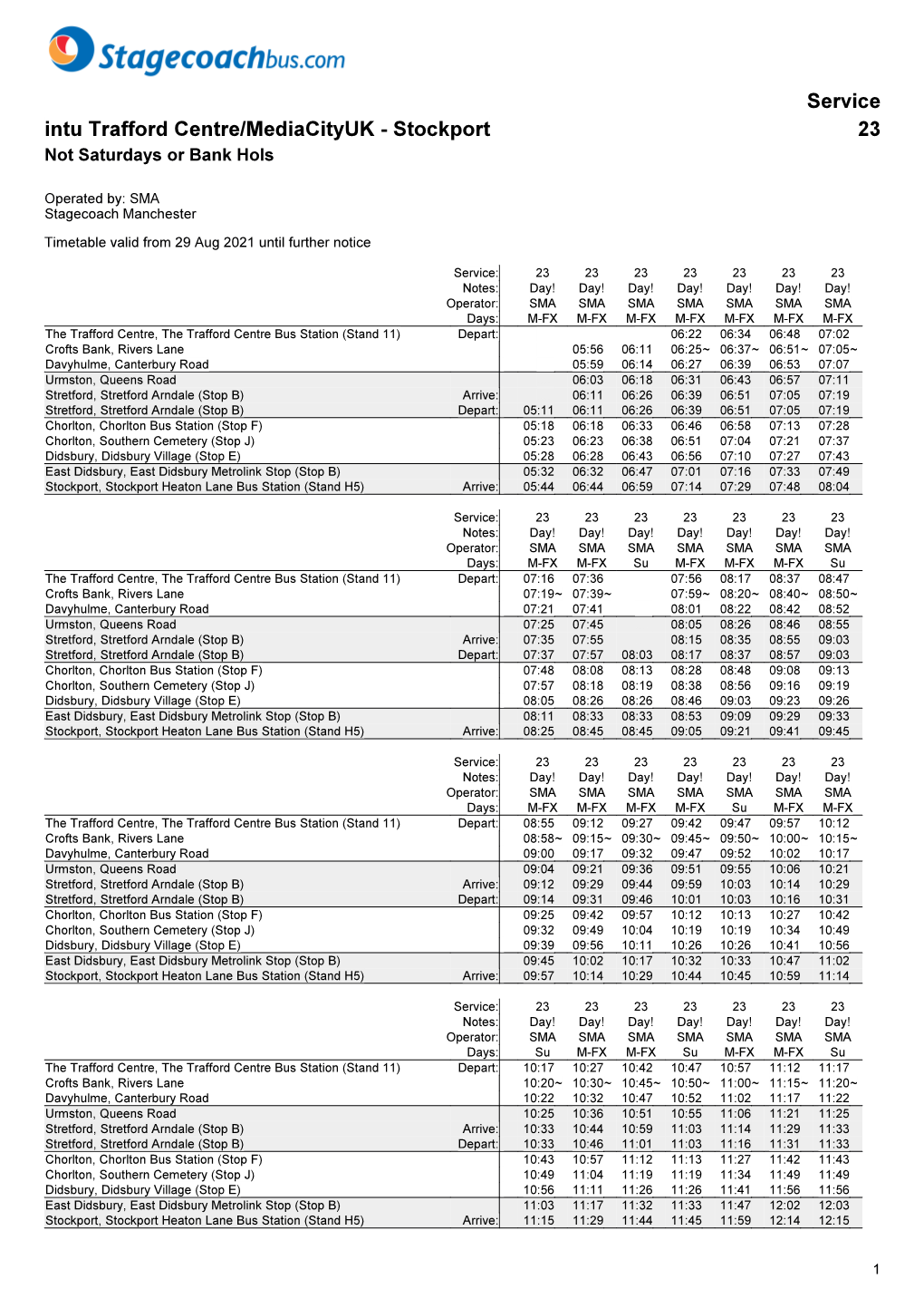 Service Intu Trafford Centre/Mediacityuk - Stockport 23 Not Saturdays Or Bank Hols