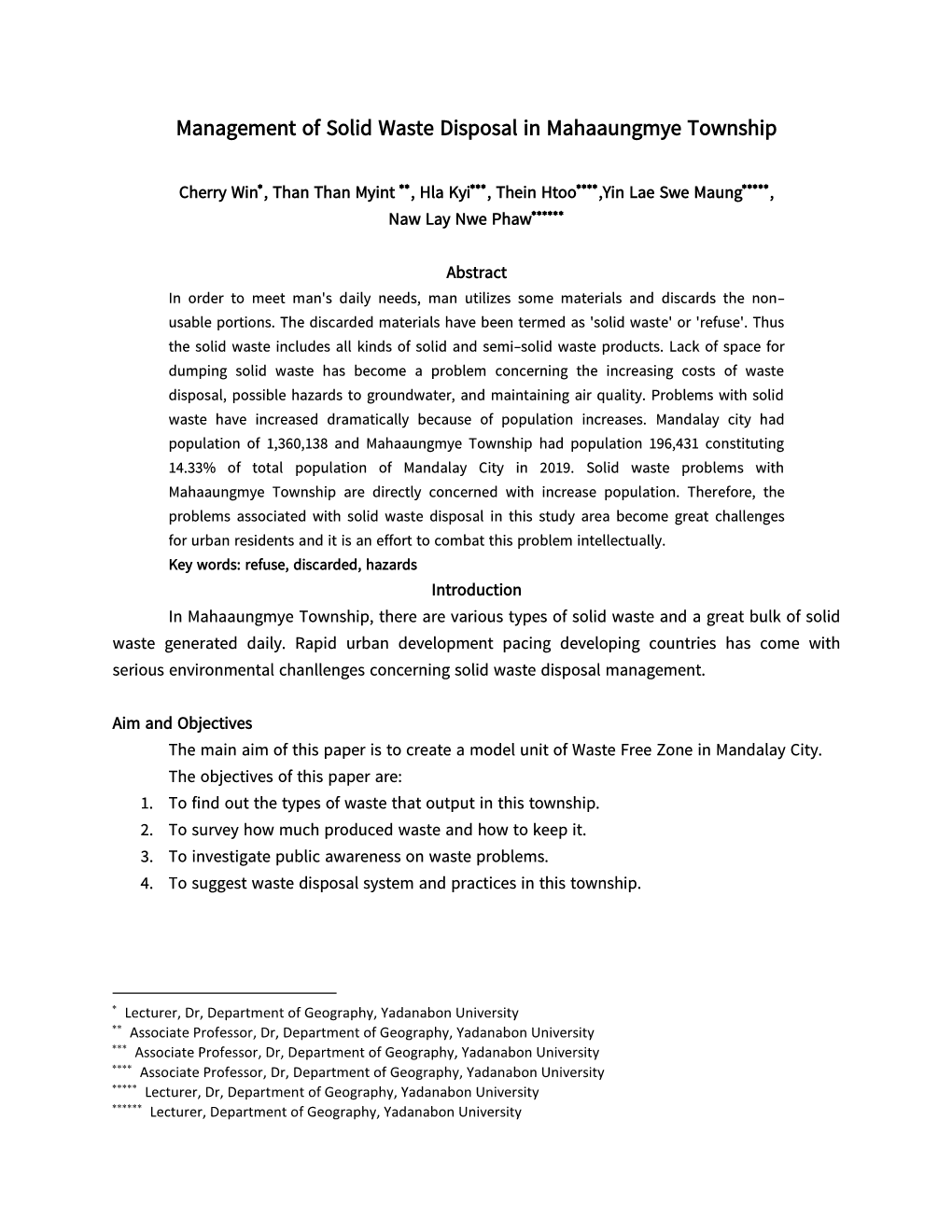 Management of Solid Waste Disposal in Mahaaungmye Township