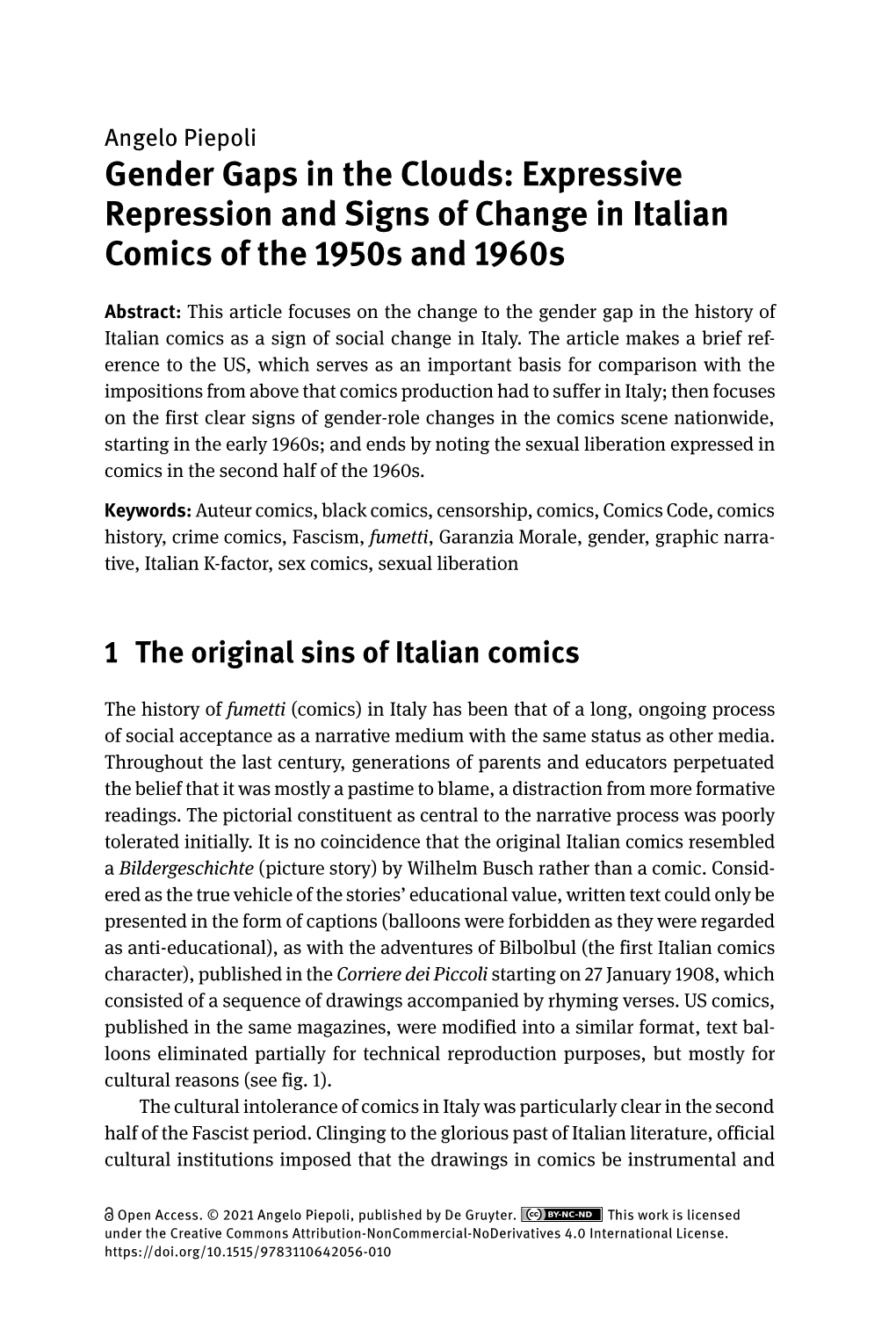 Gender Gaps in the Clouds: Expressive Repression and Signs of Change in Italian Comics of the 1950S and 1960S