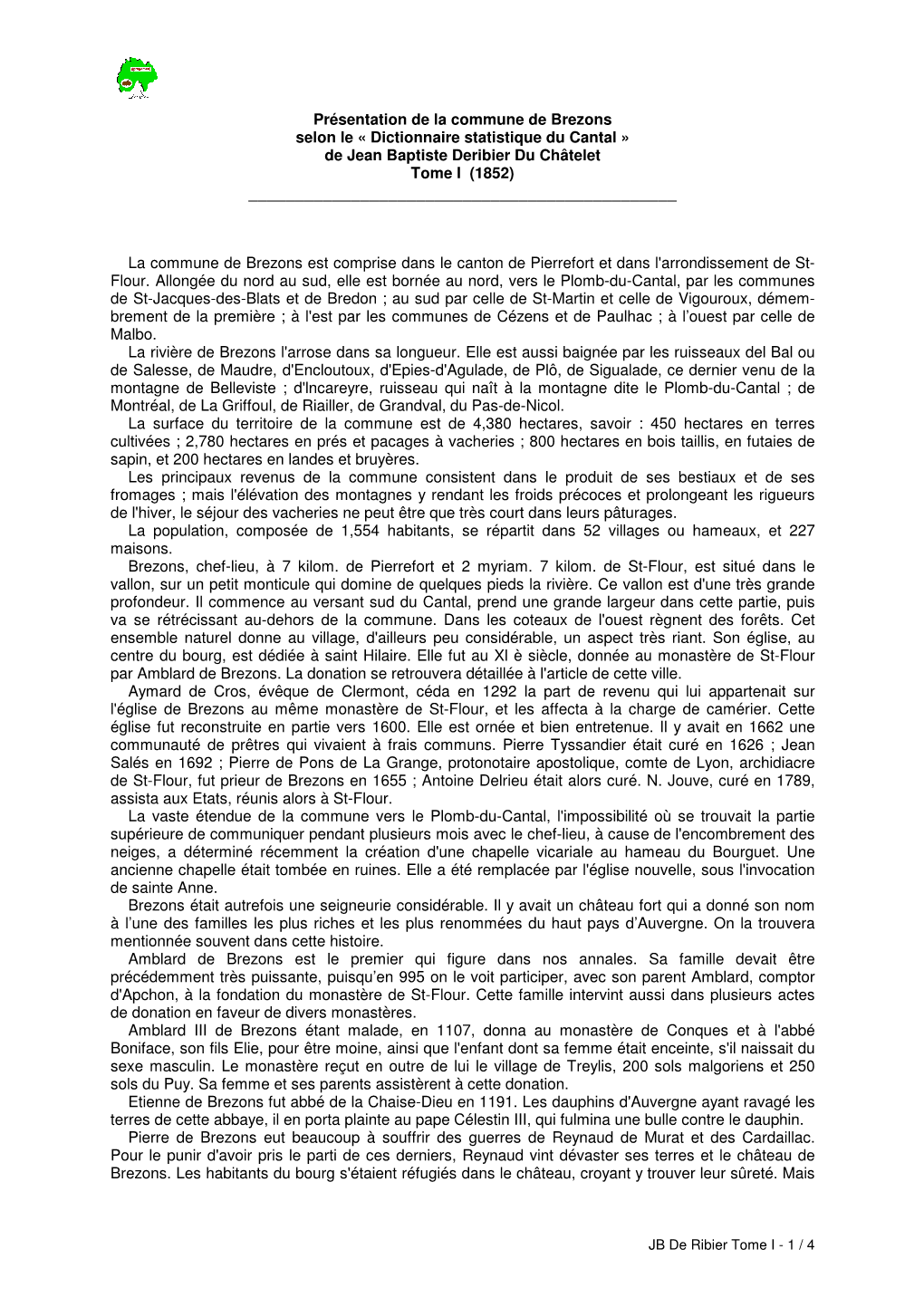 Présentation De La Commune De Brezons Selon Le « Dictionnaire Statistique Du Cantal » De Jean Baptiste Deribier Du Châtelet Tome I (1852) ______