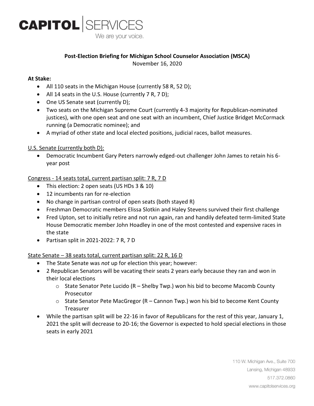 Post-Election Briefing for Michigan School Counselor Association (MSCA) November 16, 2020