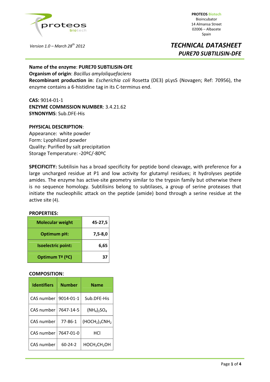 Technical Datasheet Pure70 Subtilisin‐Dfe