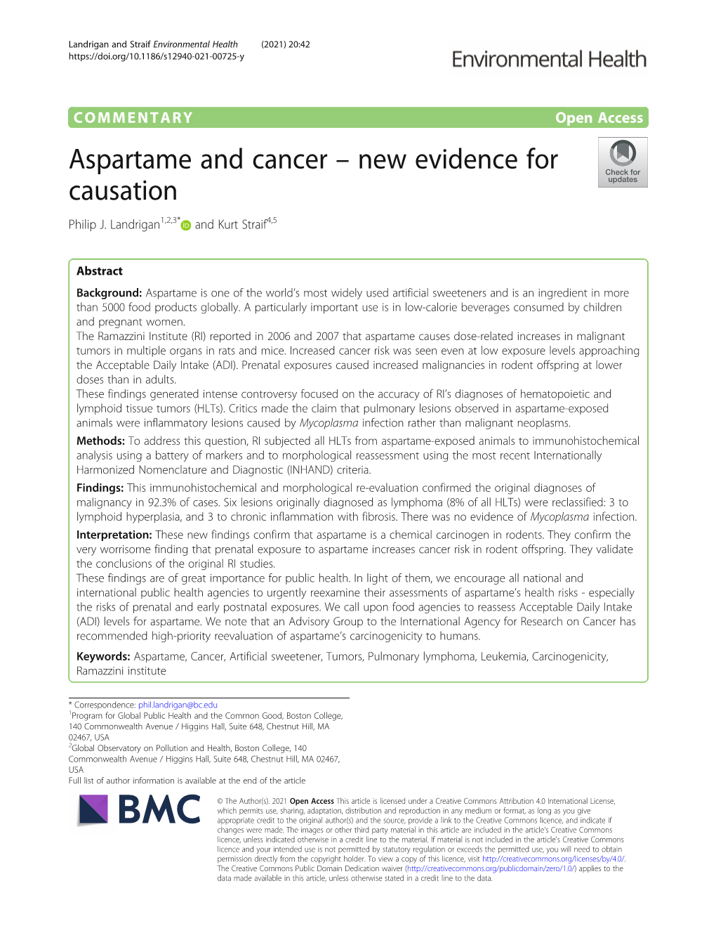 Aspartame and Cancer – New Evidence for Causation Philip J