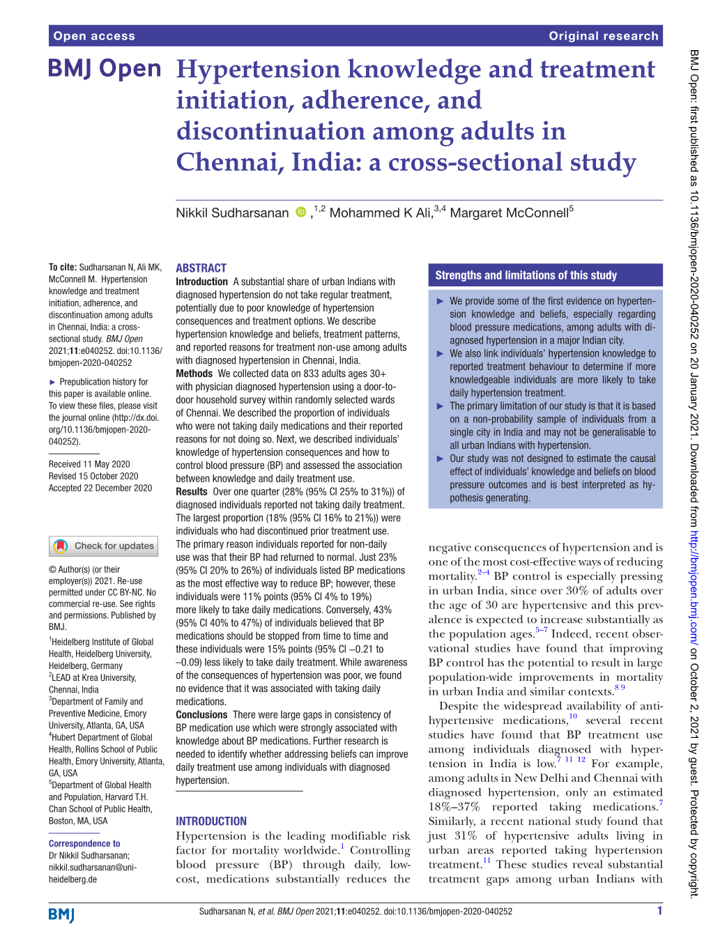 Hypertension Knowledge and Treatment Initiation, Adherence, and Discontinuation Among Adults in Chennai, India: a Cross-Sectional­ Study