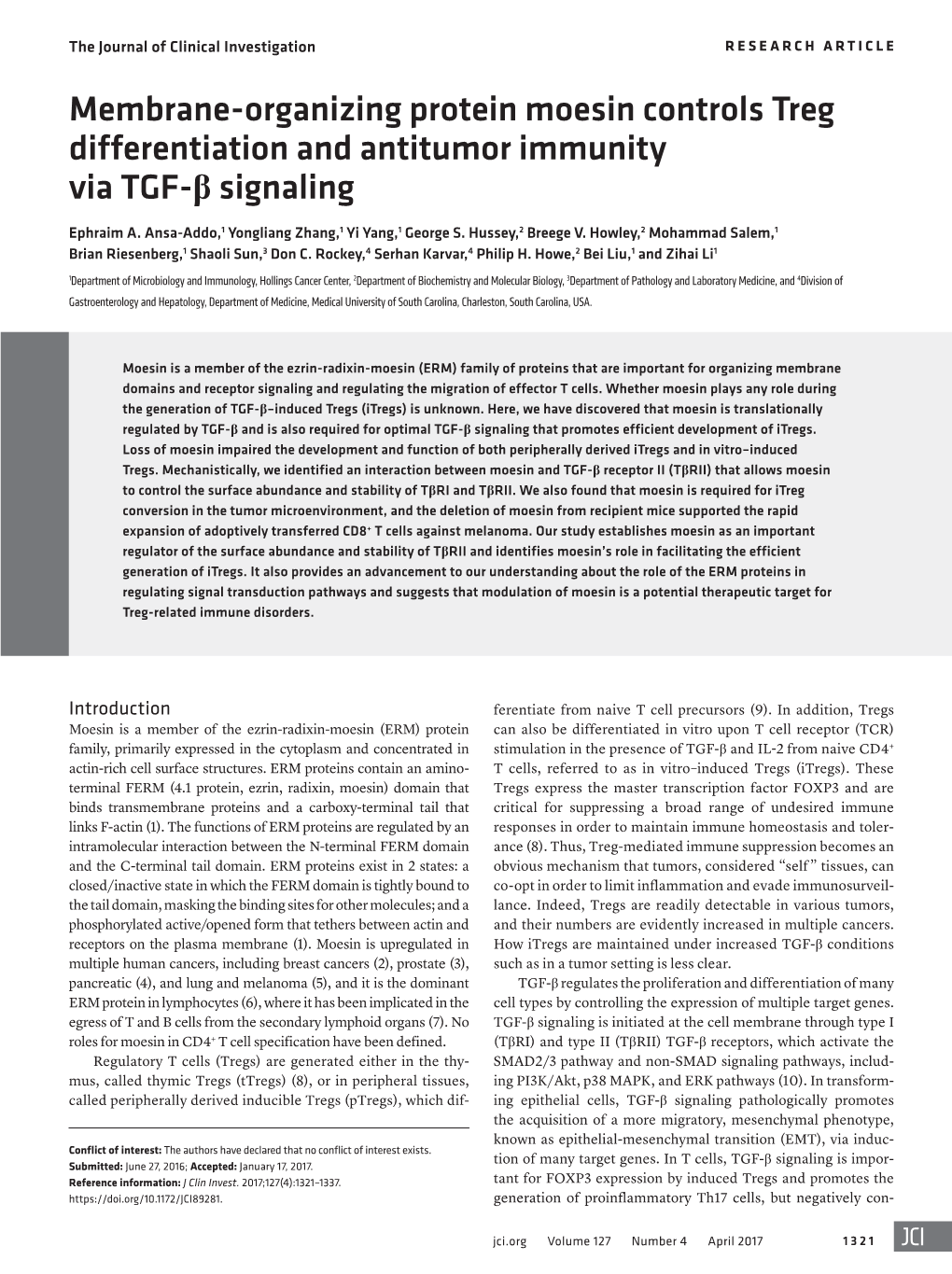 Membrane-Organizing Protein Moesin Controls Treg Differentiation and Antitumor Immunity Via TGF-Β Signaling