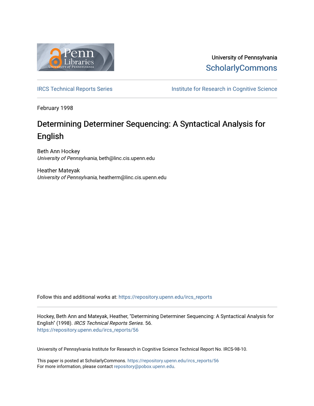 Determining Determiner Sequencing: a Syntactical Analysis for English