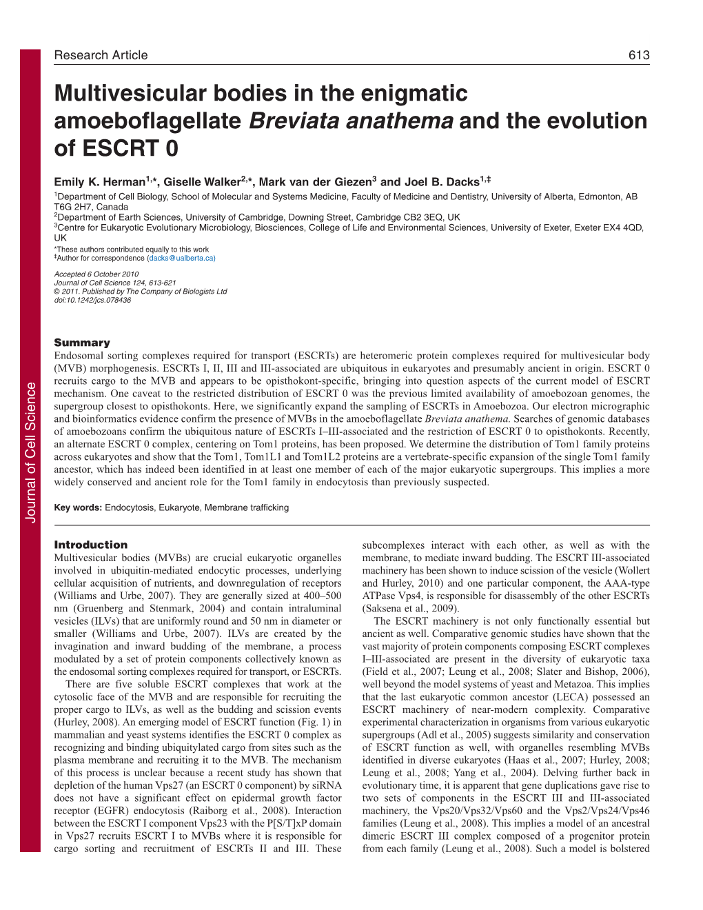 Multivesicular Bodies in the Enigmatic Amoeboflagellate Breviata Anathema and the Evolution of ESCRT 0