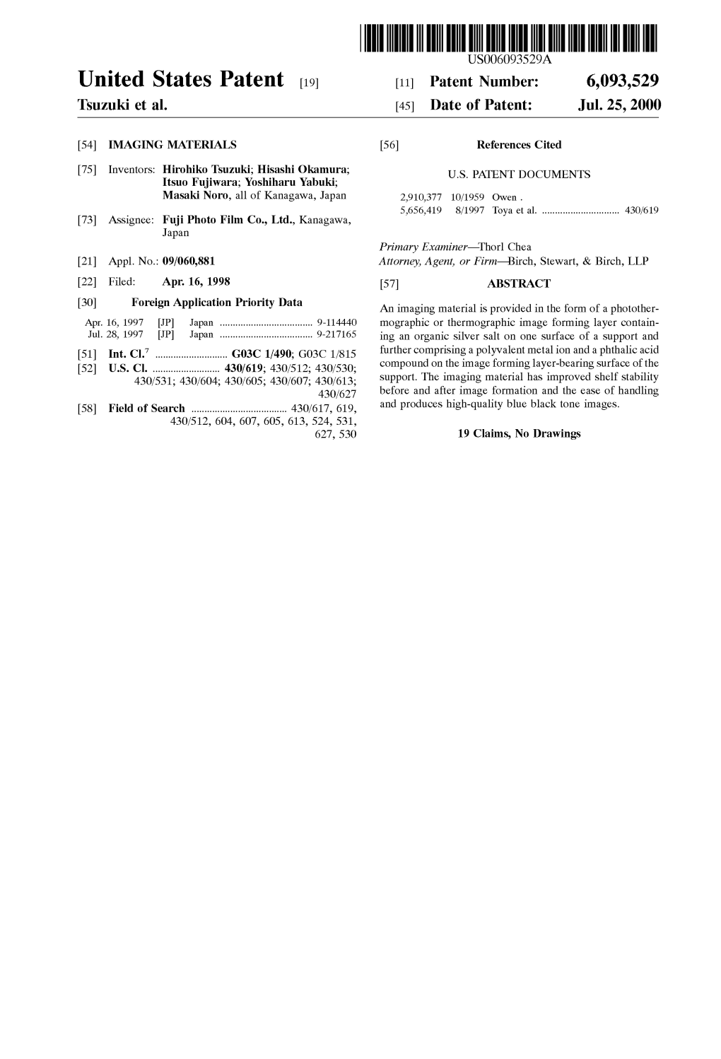United States Patent (19) 11 Patent Number: 6,093,529 Tsuzuki Et Al