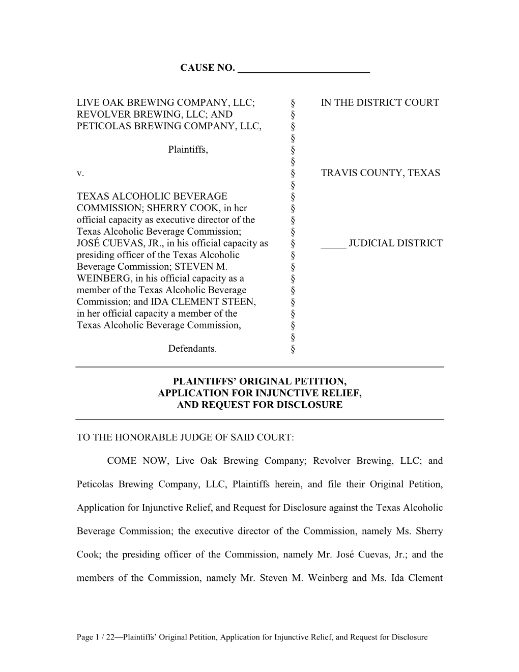 LIVE OAK BREWING COMPANY, LLC; § in the DISTRICT COURT REVOLVER BREWING, LLC; and § PETICOLAS BREWING COMPANY, LLC, § § Plaintiffs, § § V