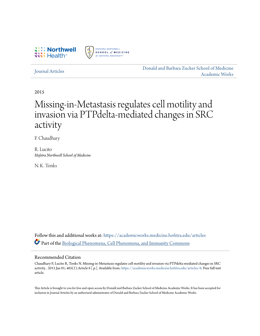 Missing-In-Metastasis Regulates Cell Motility and Invasion Via Ptpdelta-Mediated Changes in SRC Activity F