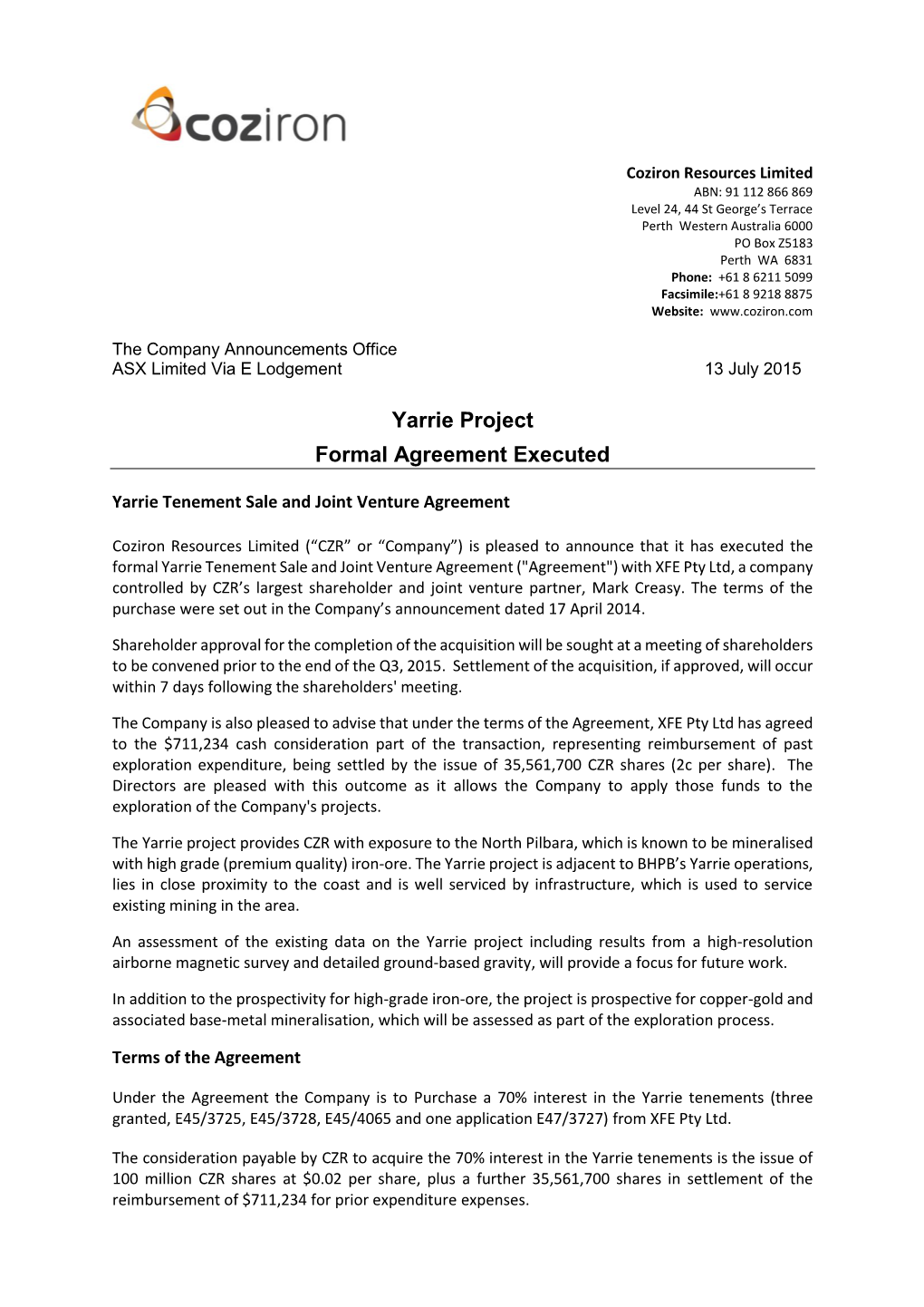 Yarrie Project Formal Agreement Executed