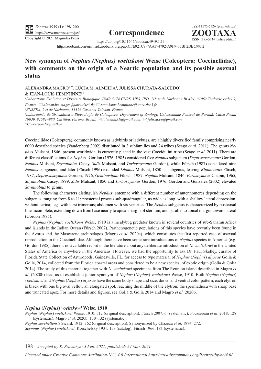 (Nephus) Voeltzkowi Weise (Coleoptera: Coccinellidae), with Comments on the Origin of a Neartic Population and Its Possible Asexual Status