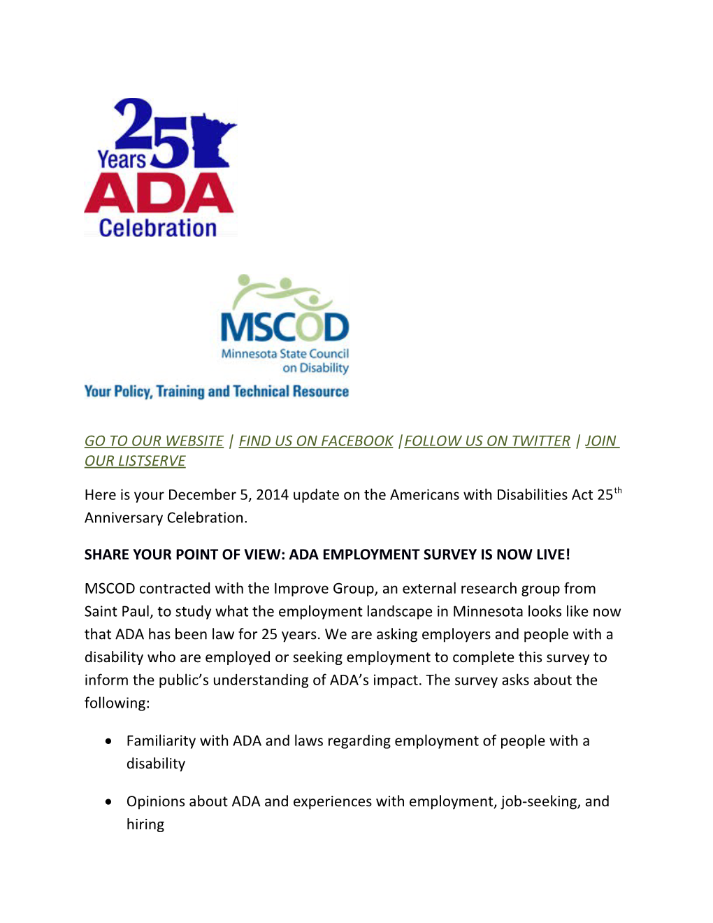 November 2014 MSCOD Monthly Update on the 25Th ADA Anniversary Celebration