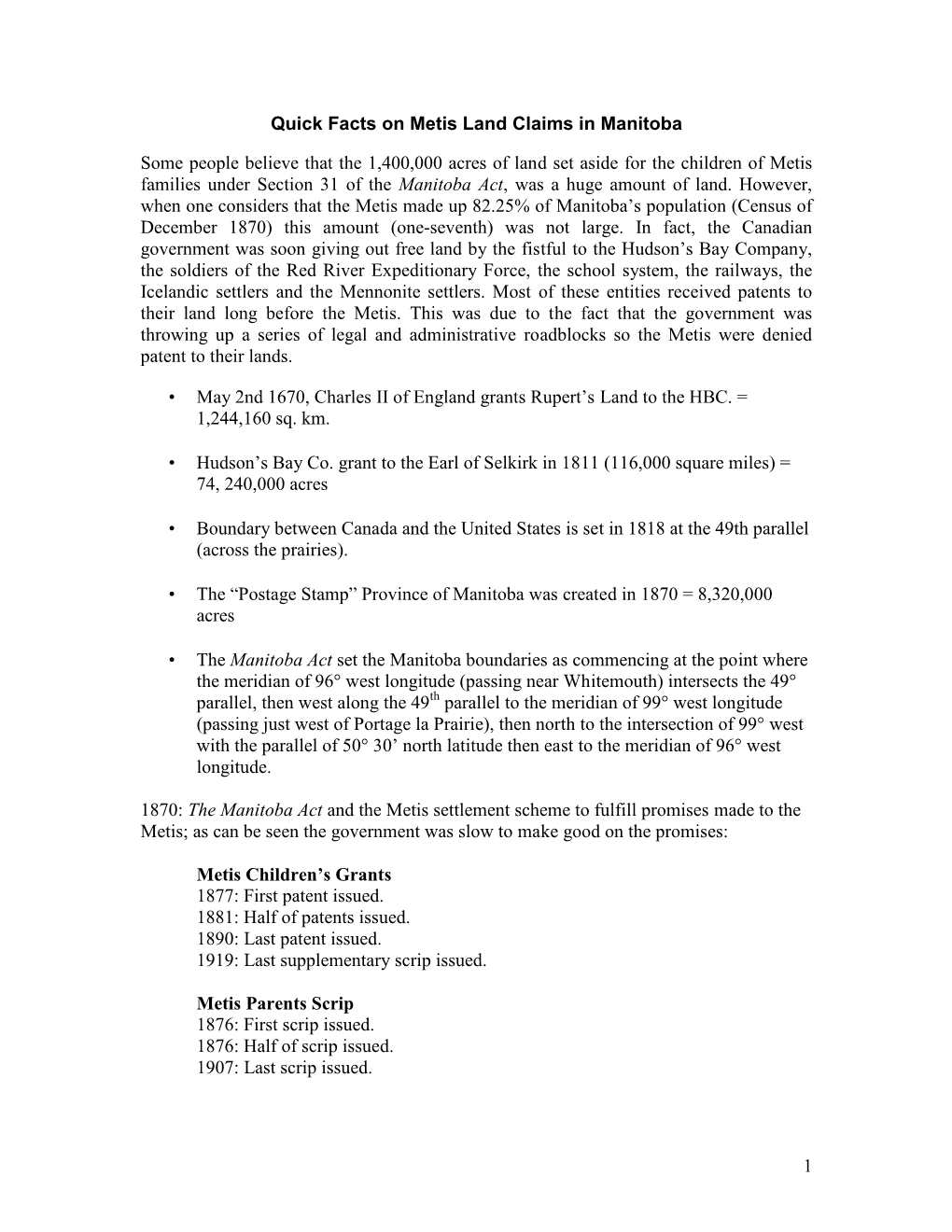 Quick Facts on Metis Land Claims in Manitoba 2