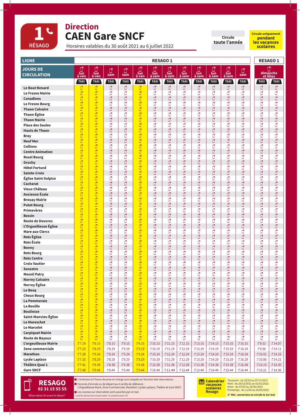 CAEN Gare SNCF Toute L’Année Les Vacances Horaires Valables Du 30 Août 2021 Au 6 Juillet 2022 Scolaires