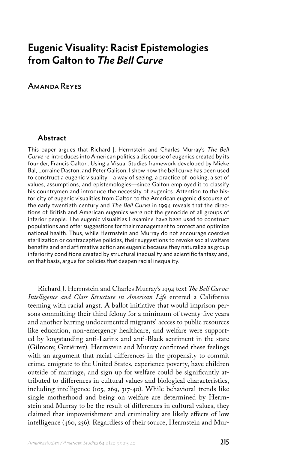 Racist Epistemologies from Galton to the Bell Curve Autoren Amanda Reyes