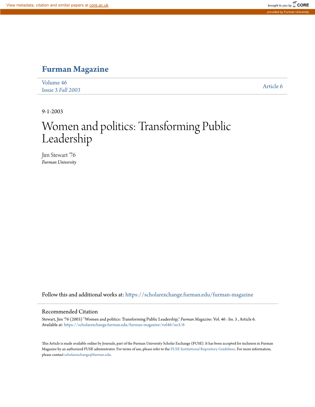 Women and Politics: Transforming Public Leadership Jim Stewart '76 Furman University