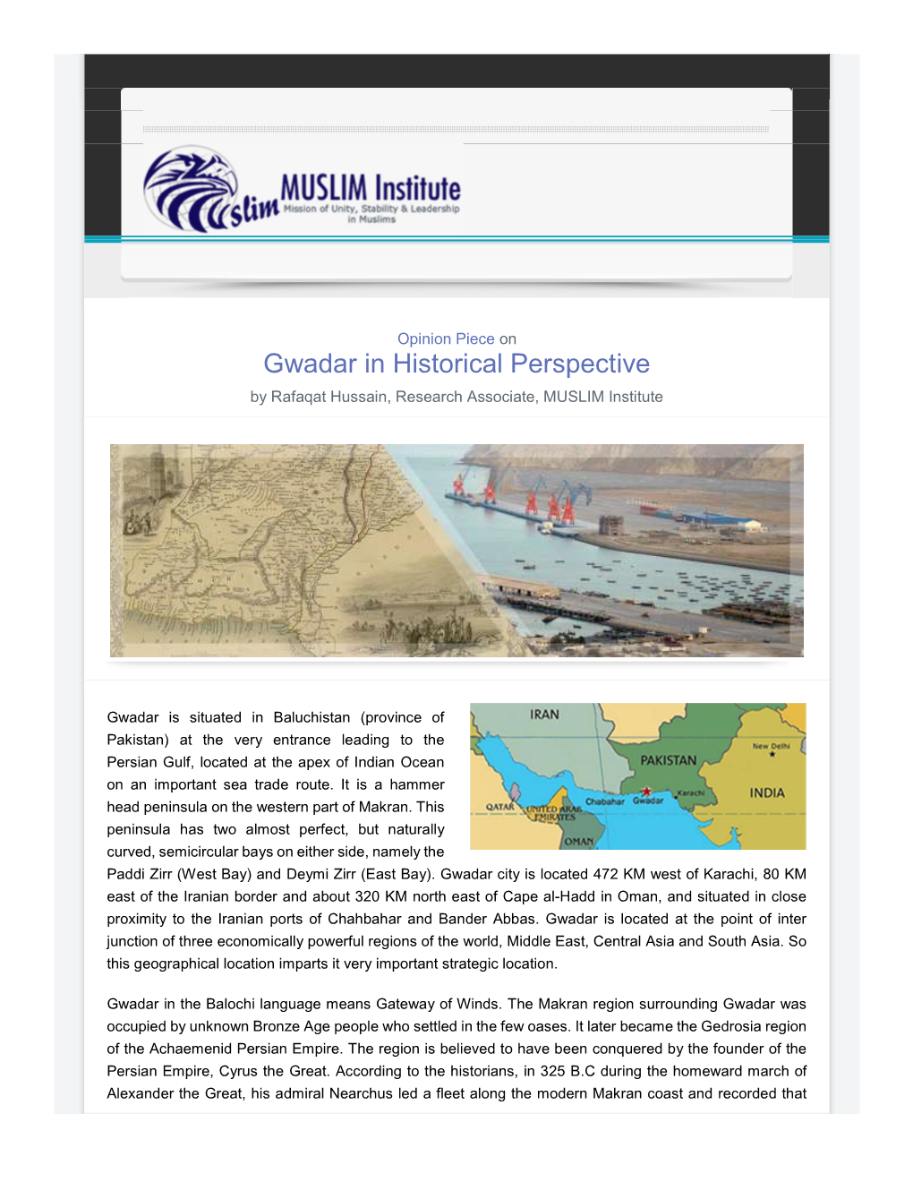 Gwadar in Historical Perspective by Rafaqat Hussain, Research Associate, MUSLIM Institute