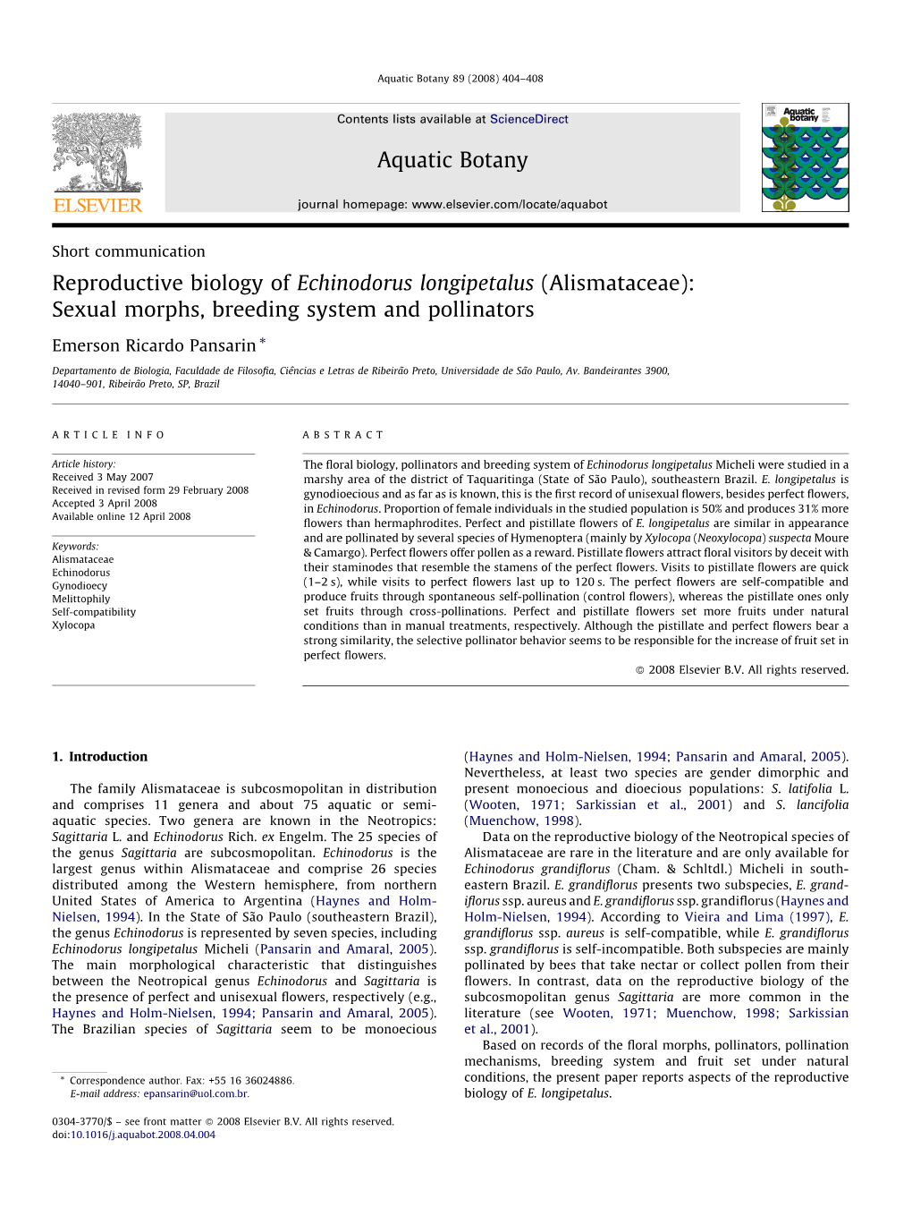 Reproductive Biology of Echinodorus Longipetalus (Alismataceae): Sexual Morphs, Breeding System and Pollinators