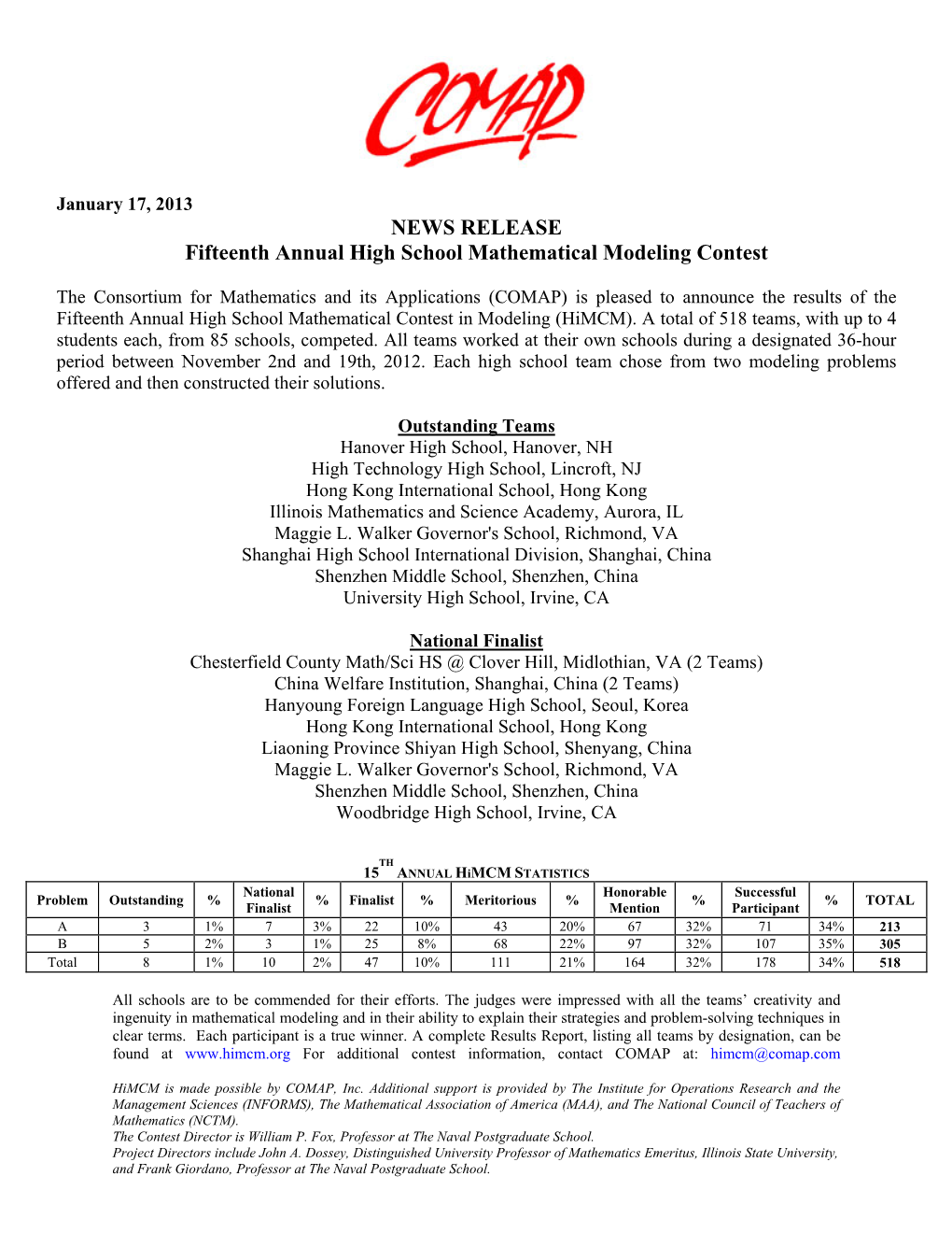 NEWS RELEASE Fifteenth Annual High School Mathematical Modeling Contest