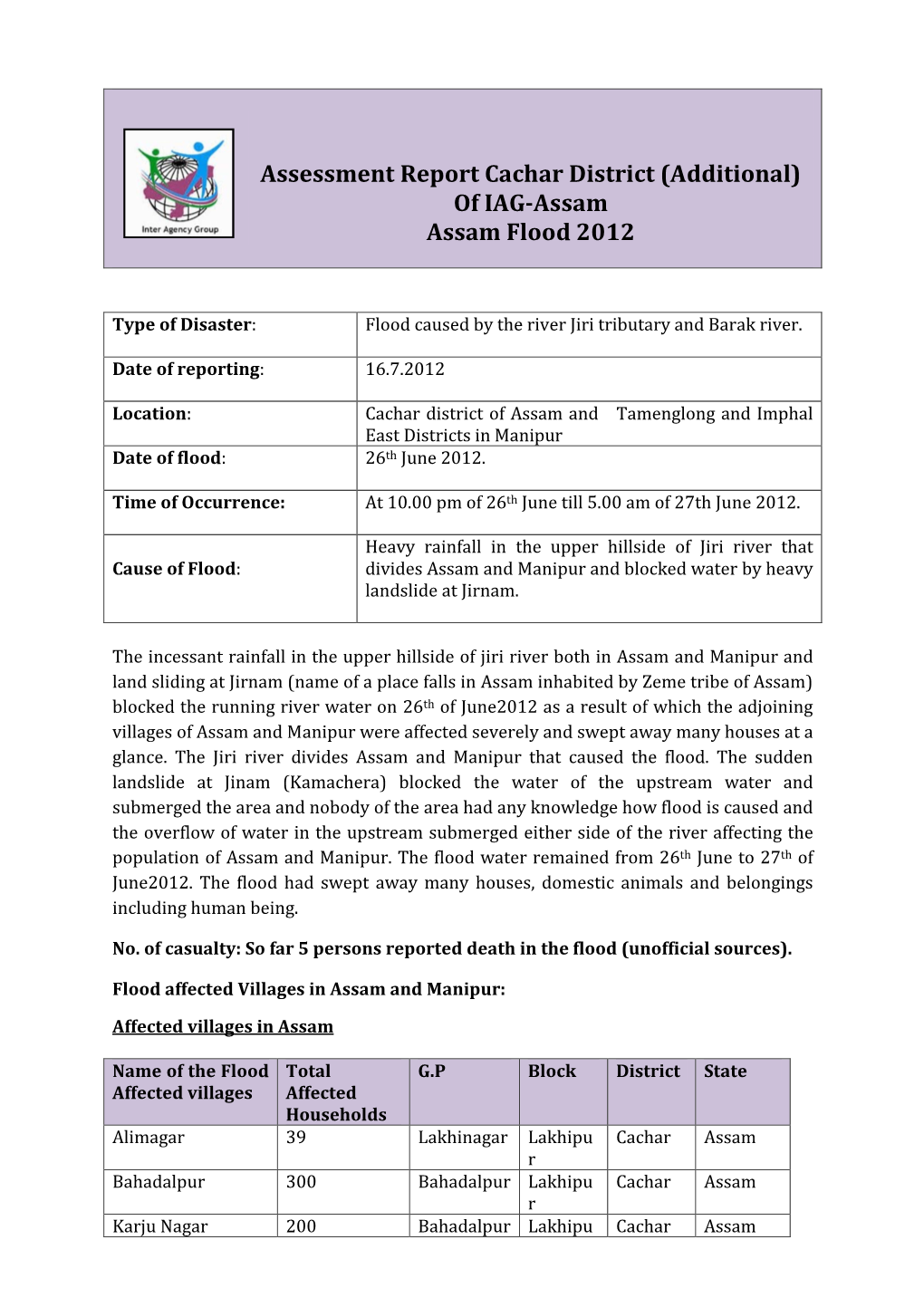 Assessment Report Cachar District (Additional) of IAG-Assam Assam Flood 2012