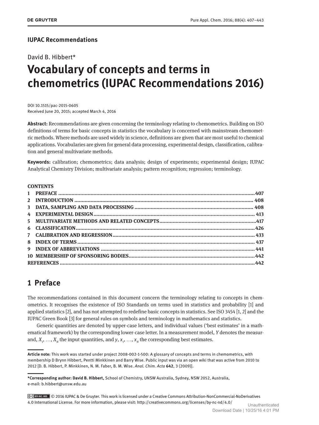 Vocabulary of Concepts and Terms in Chemometrics (IUPAC Recommendations 2016)