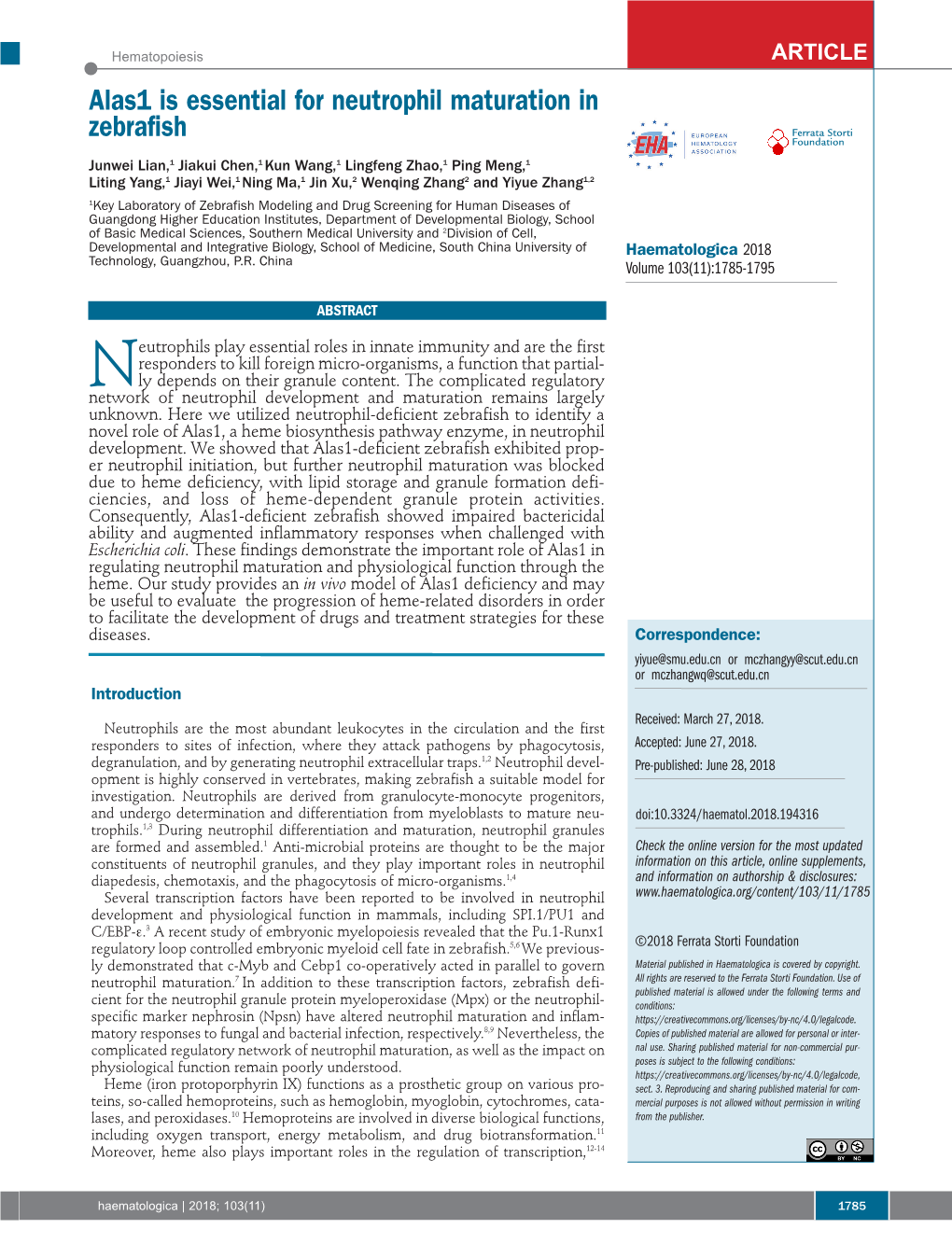 Alas1 Is Essential for Neutrophil Maturation in Zebrafish Ferrata Storti Foundation