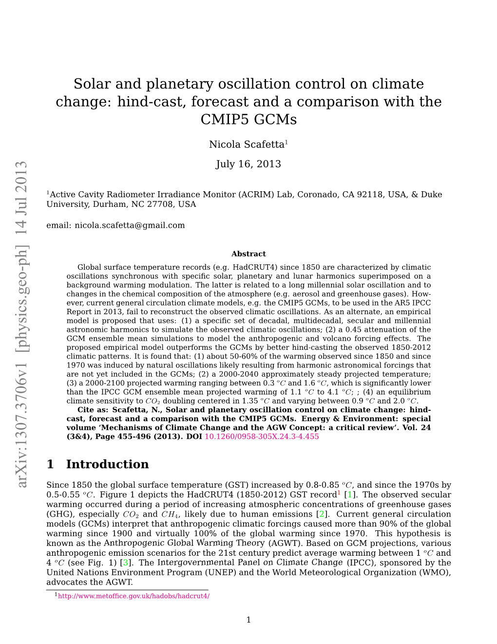 Solar and Planetary Oscillation Control on Climate Change: Hind-Cast, Forecast and a Comparison with the CMIP5 Gcms