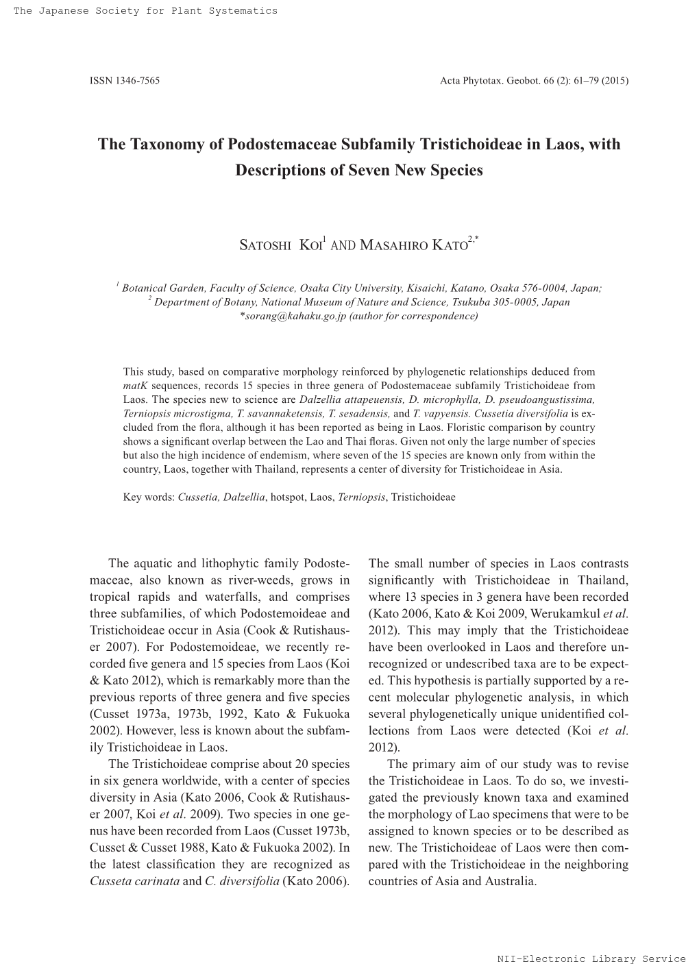 The Taxonomy of Podostemaceae Subfamily Tristichoideae in Laos, with Descriptions of Seven New Species